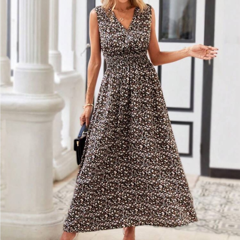 boho Floral Print Shirted Waist Sleeveless maxi Dress - Picture 6 of 6